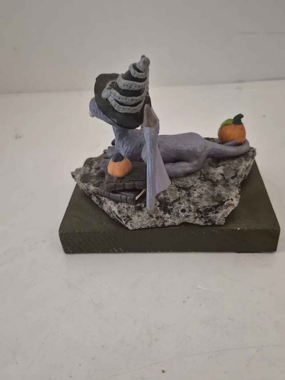 Lavender Dragon Figurine Wearing Witch Hat with Books And Pumpkins